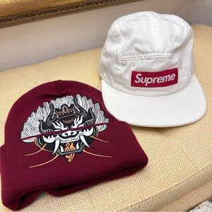 White Supreme SnapBack and Burgundy Demon Beanie